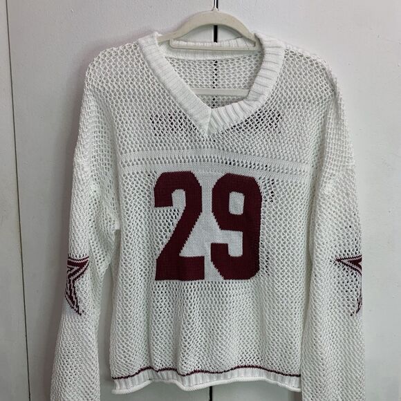 Oversized Jersey Shirt Graphic V Neck Crochet Pullover Sweater Xl - Picture 3 of 6